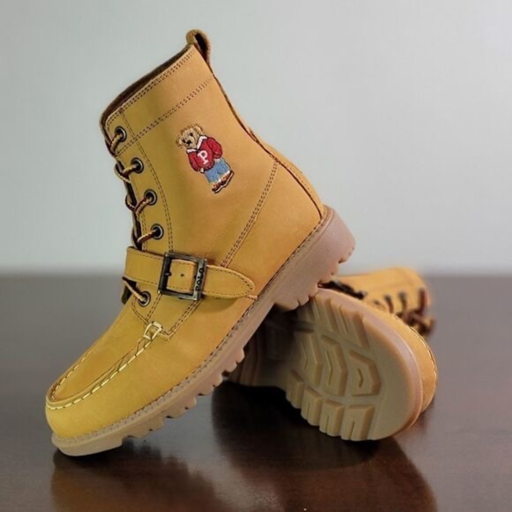 Polo Ralph Lauren Bear Ranger Leather Suede Combat Moto Boots Wheat Brown New